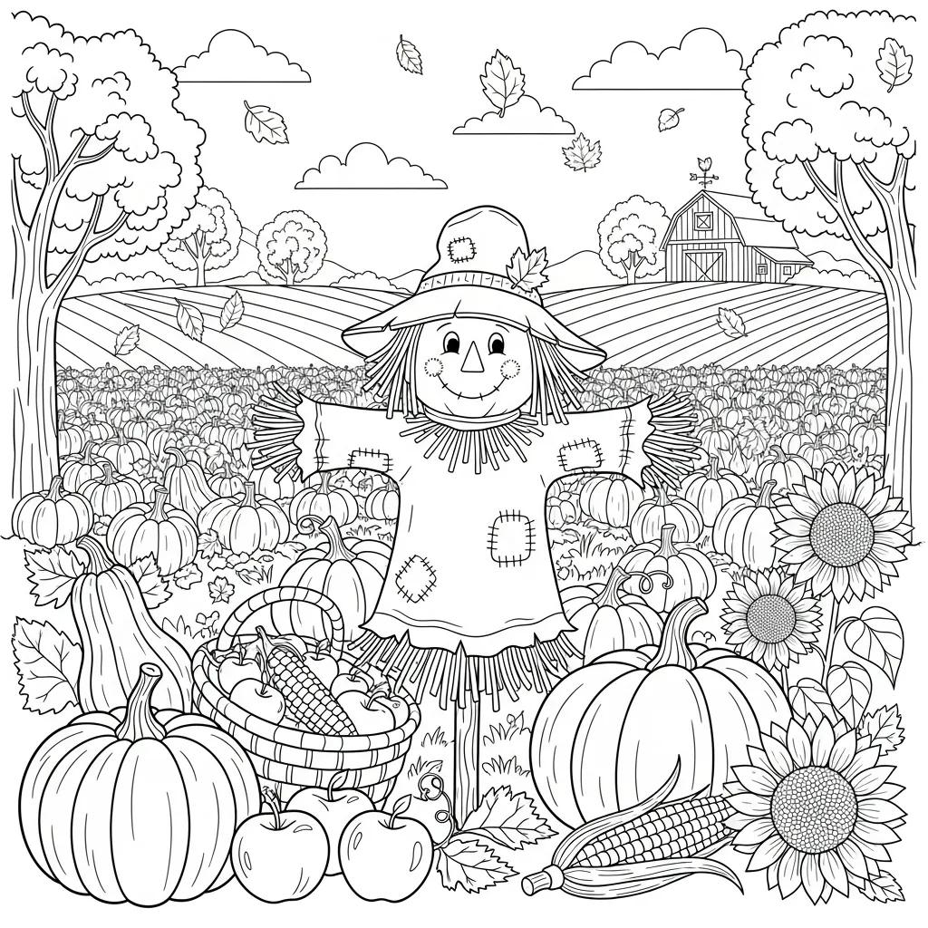 fall coloring page for kids of a scarcrow in a pumpkin patch