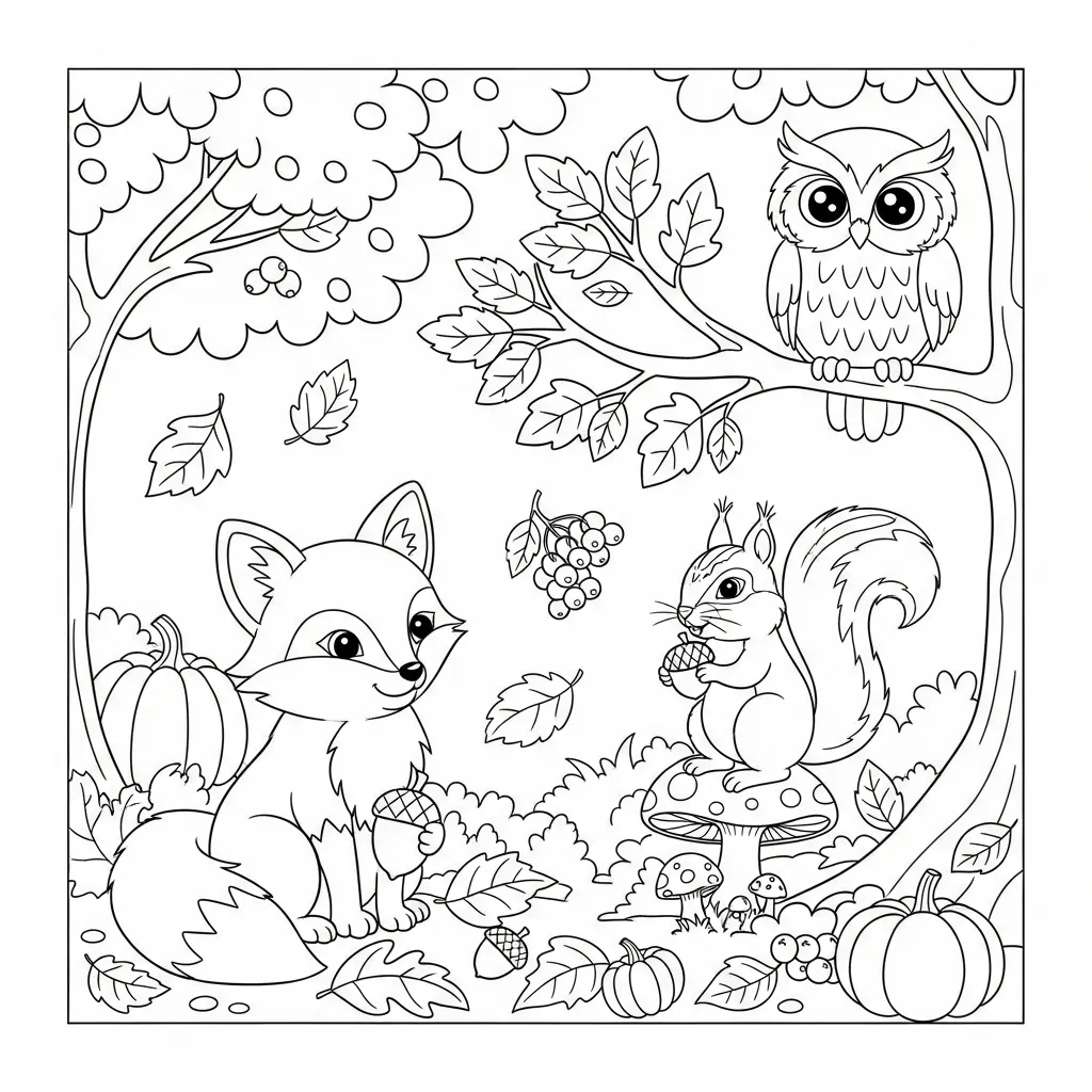 fall coloring page for kids of woodland creatures among the leaves