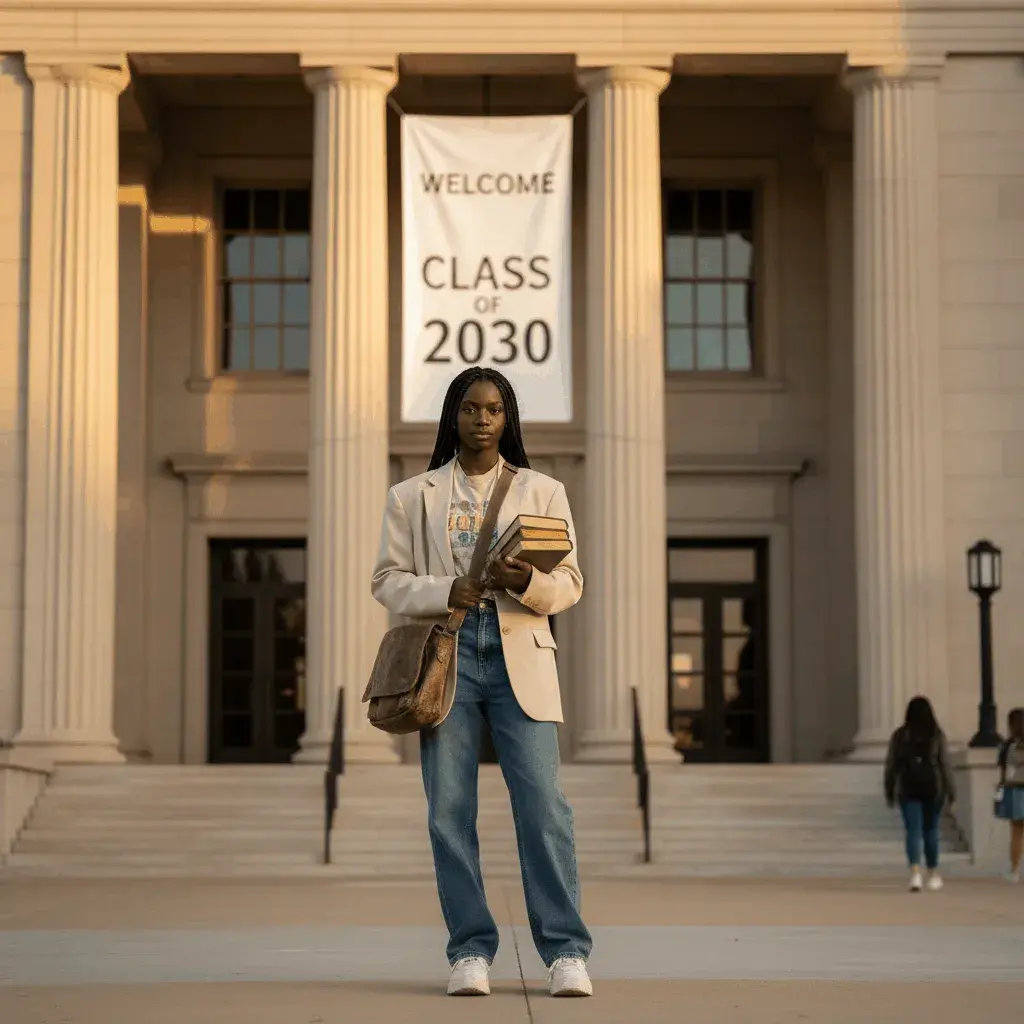 An AI-generated image of a student standing in front of a building with a banner that says