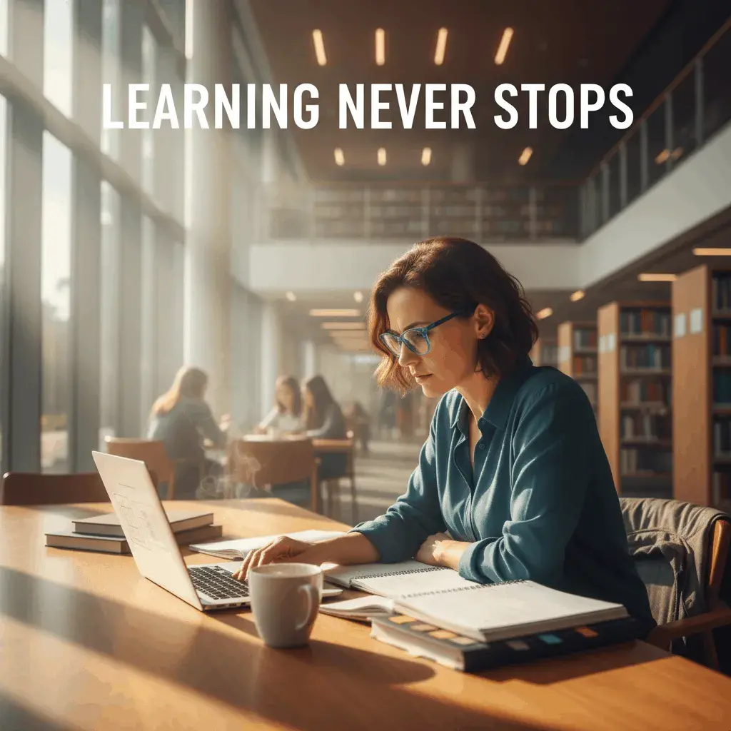 An AI-generated image of a woman working on a laptop in a library with the text Learning never stops
