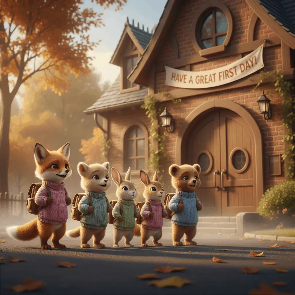 An AI-generated image of cartoon animals in sweaters with backpacks in front of a schoolhouse with a banner that says Have a great first day