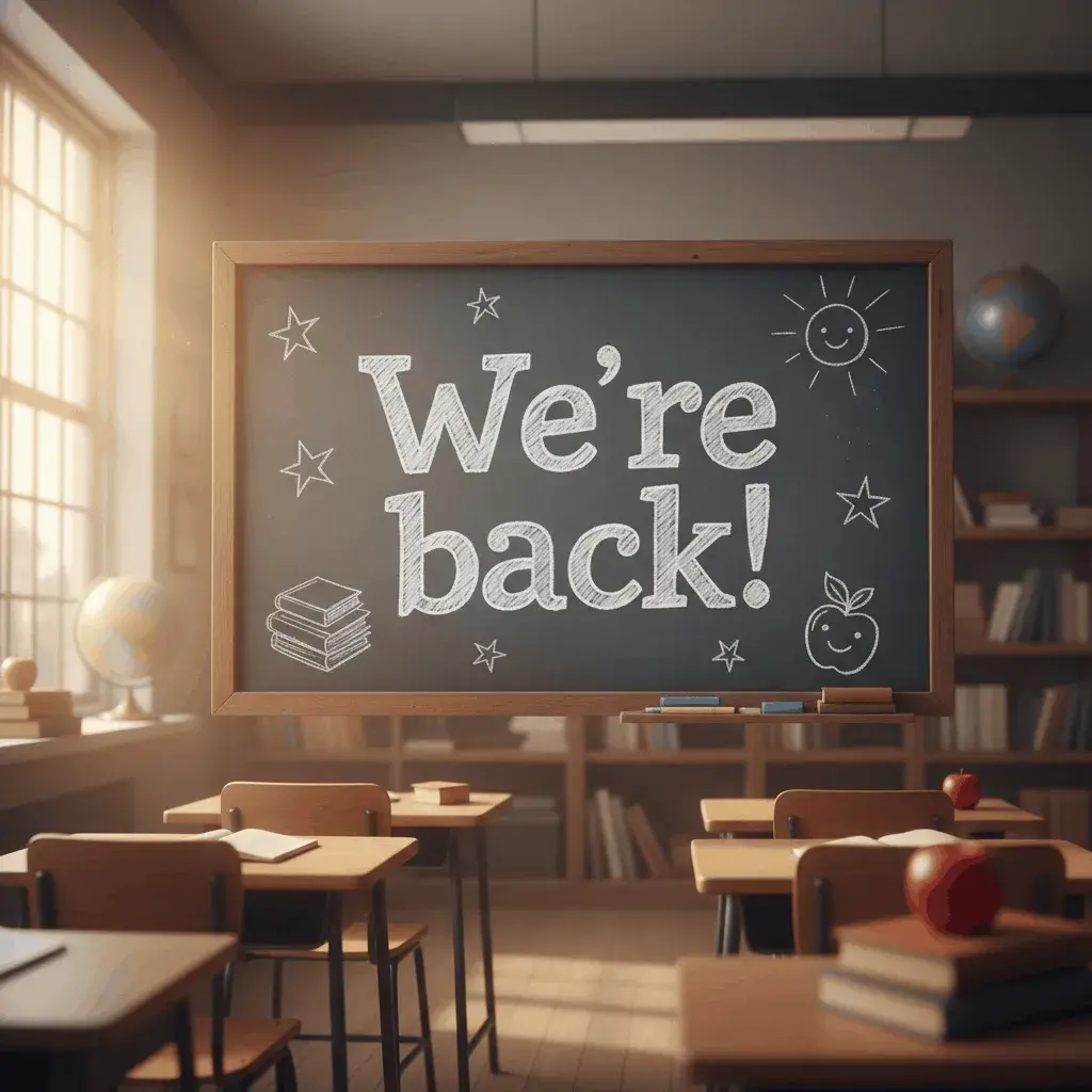 An AI-generated image of a classroom with We're back written on a chalkboard