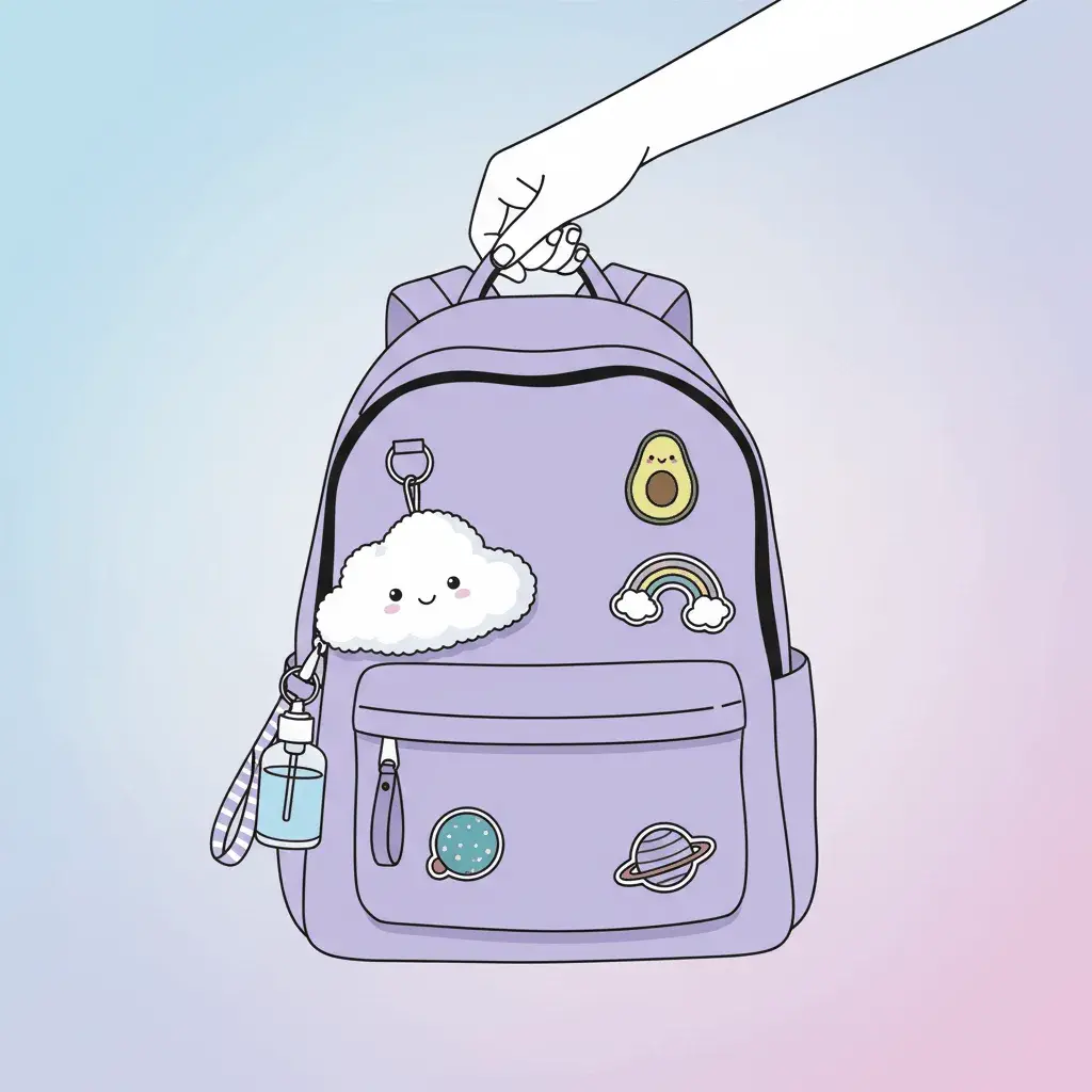 An AI-generated image of a hand holding a backpack with cute accessories against a gradient background