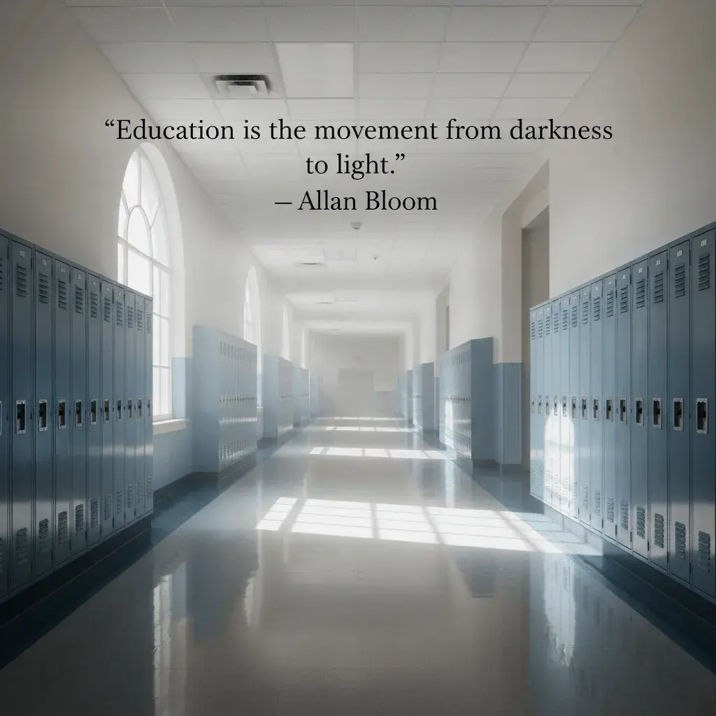 An AI-generated image of a school hallways with a quote about education from Allan Bloom