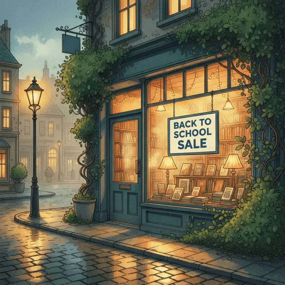 An AI-generated image of a cute corner bookshope with a sign that says Back to school sale