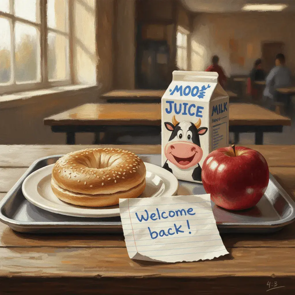 An AI-generated image of a school breakfast with a note that says Welcome back!