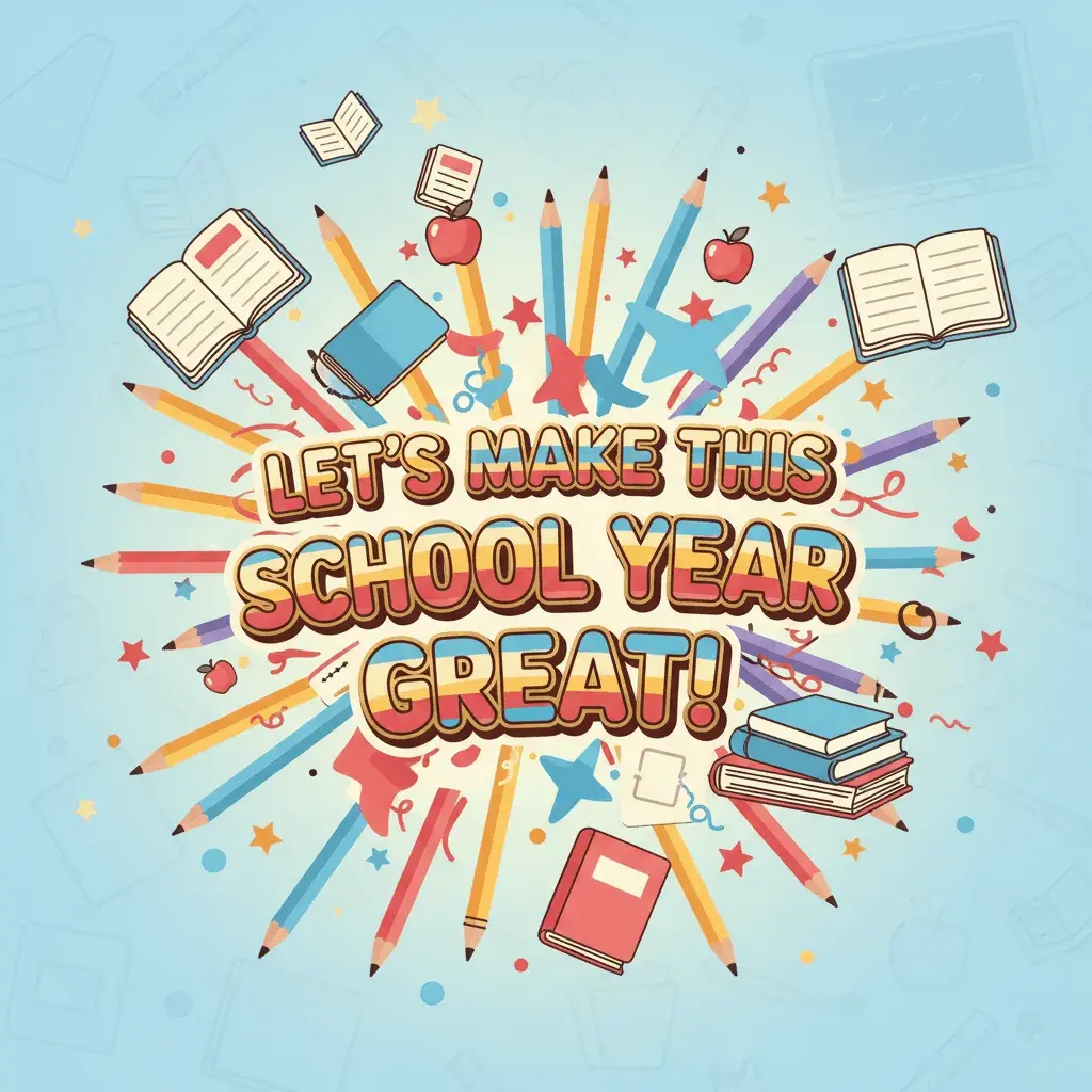 An AI-generated image of the text Let's make this school year great! surrounded by a burst of pencils, books, and confetti