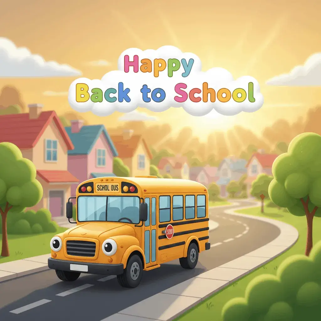 An AI-generated image of a school bus with eyes and the text Happy Back to School