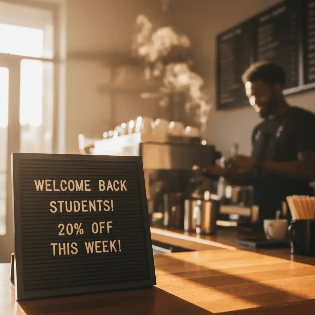An AI-generated image of a café and a sign that says Welcome back students!