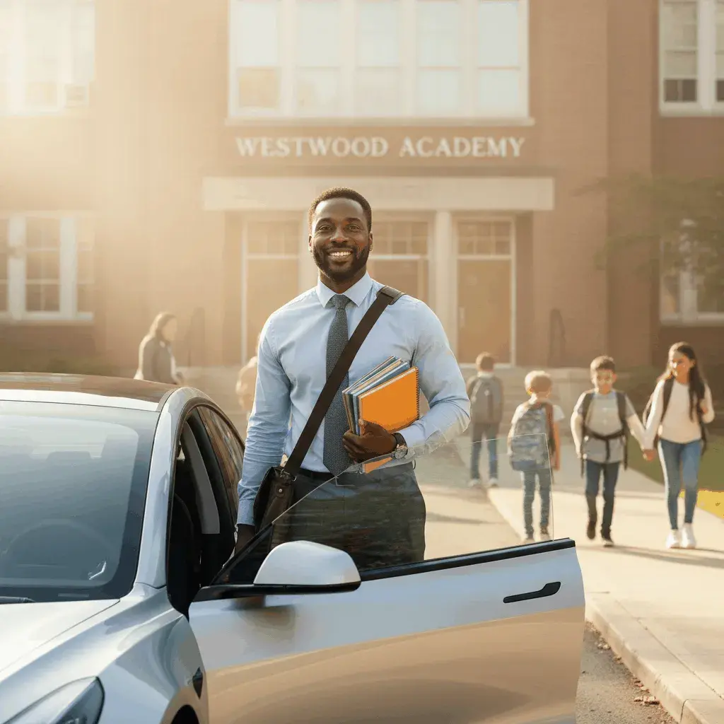 An AI-generated image of a teacher getting out of his car in front of a school