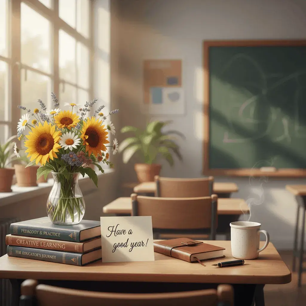 An AI-generated image of a vase of flowers in a classroom with a note that says Have a good year!