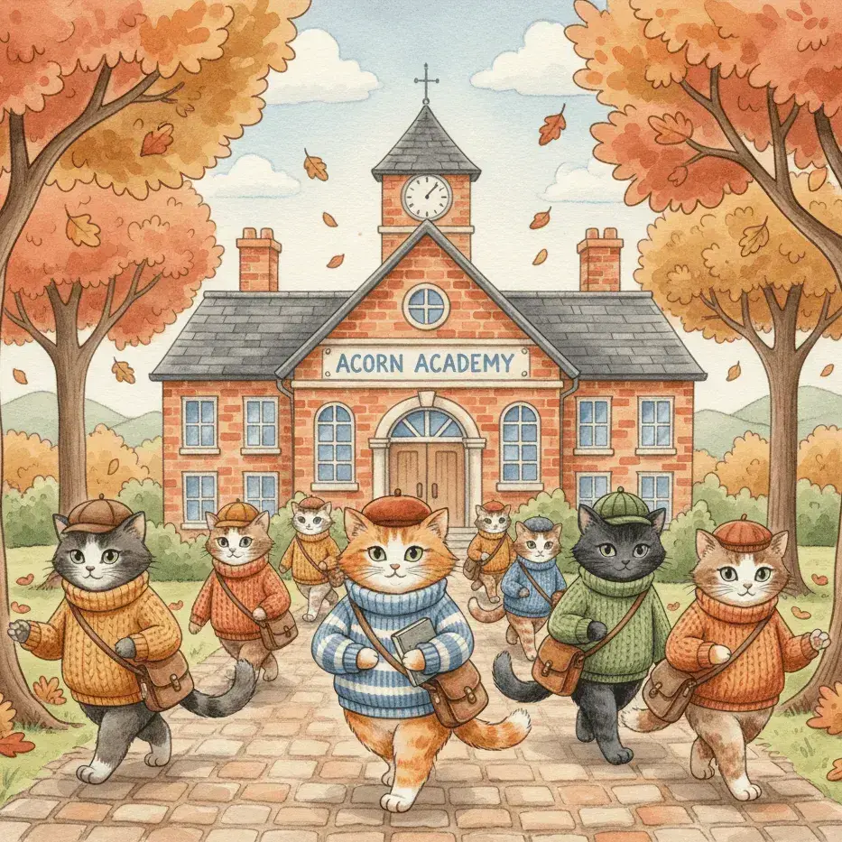 An AI-generated image of cartoon cats wearing sweaters, caps, and messenger bags against an autumn background showing a school