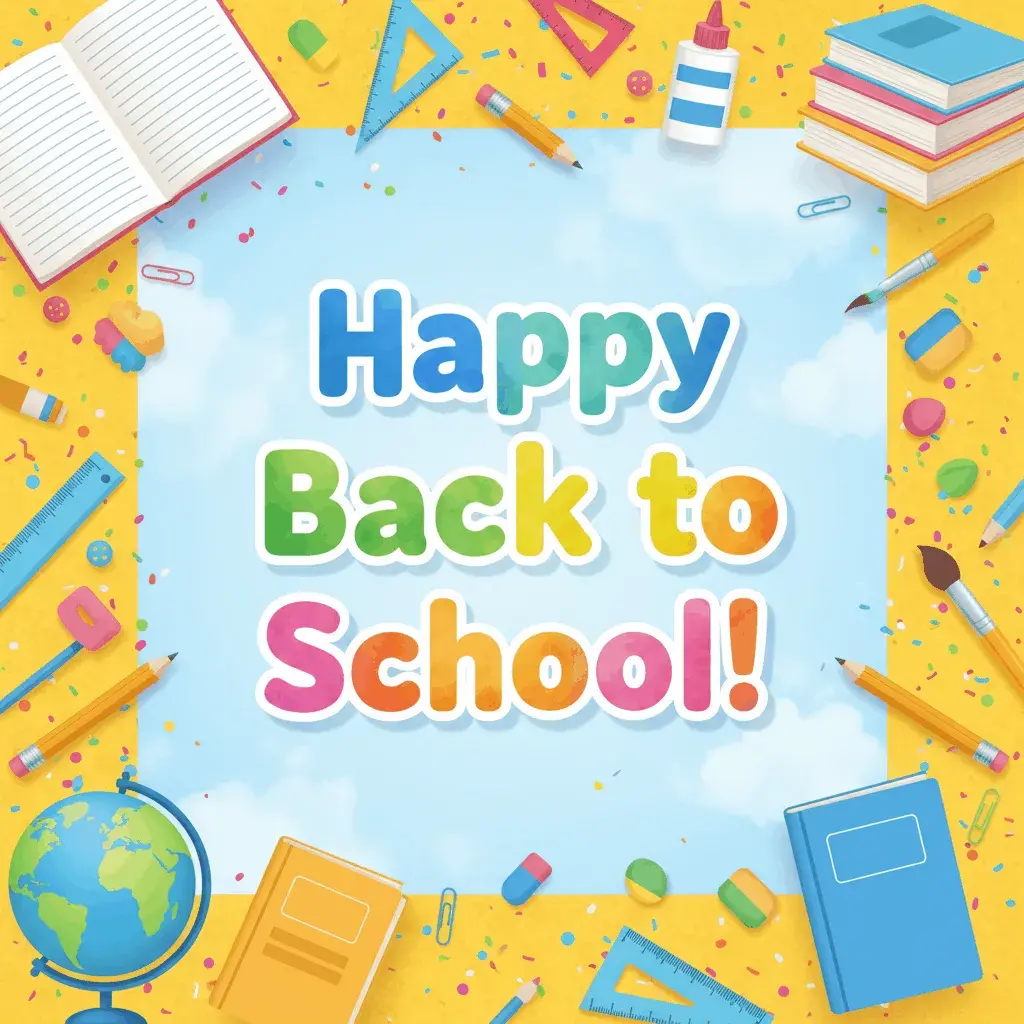 An AI-generated image of the text Happy Back to School surrounded by a school-themed border
