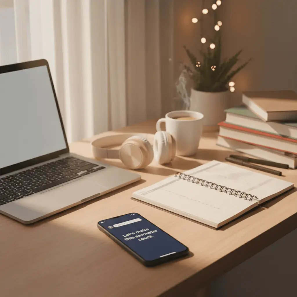 An AI-generated image of a desk with a cell phone that says Let's make this semester count
