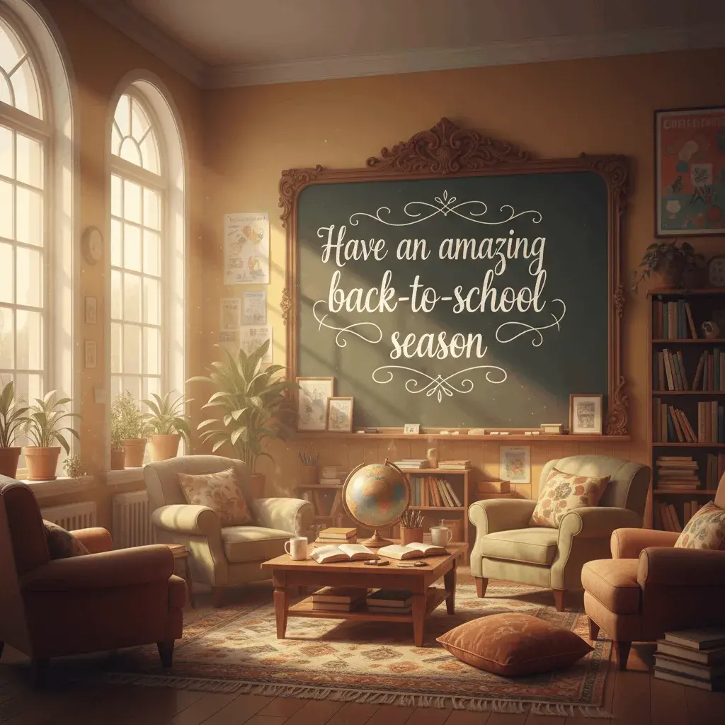 An AI-generated image of a cozy, vintage classroom, with Have an amazing back-to-school season written on the board