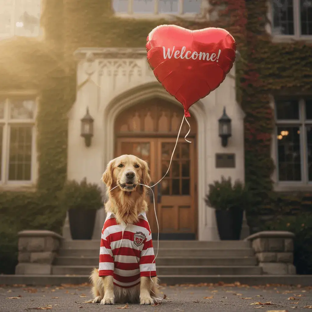 An AI-generated image of a dog wearing a school jersey holding a balloon that says Welcome!