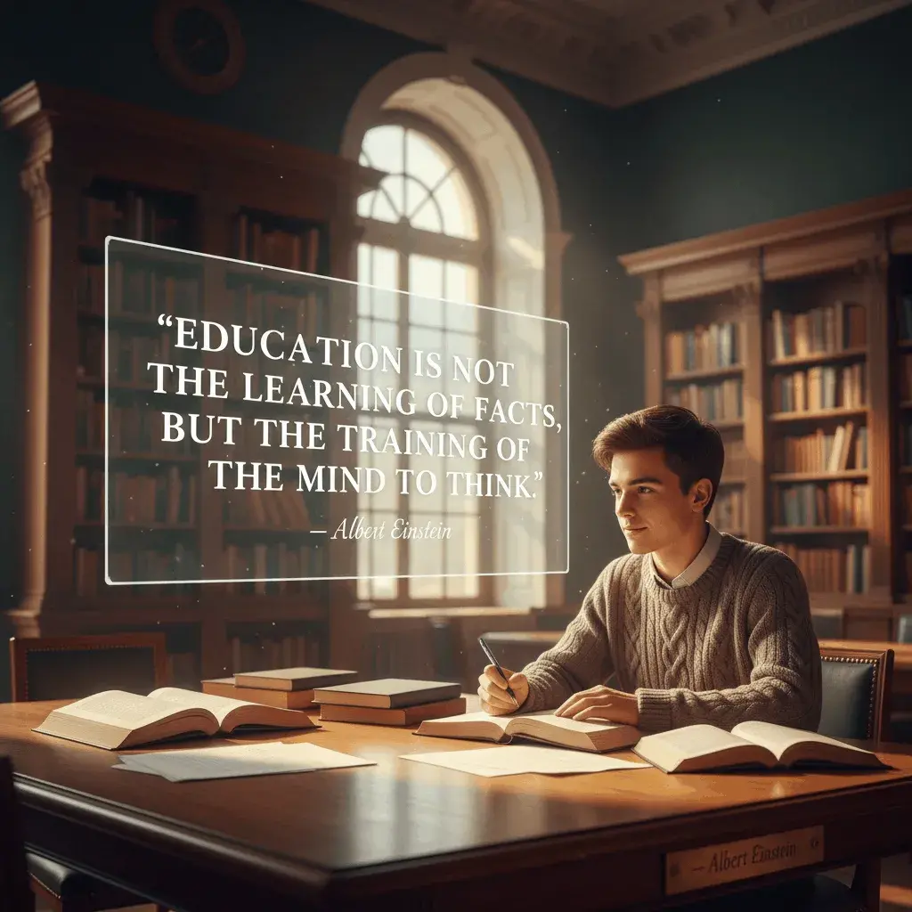 An AI-generated image of a student studying in a library with a quote from Albert Einstein