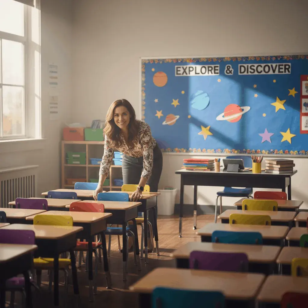 An AI-generated image of a teacher preparing chairs in her classroom