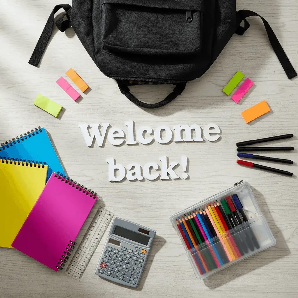 An AI-generated image of a flatlay that says Welcome back! surrounded by school supplies