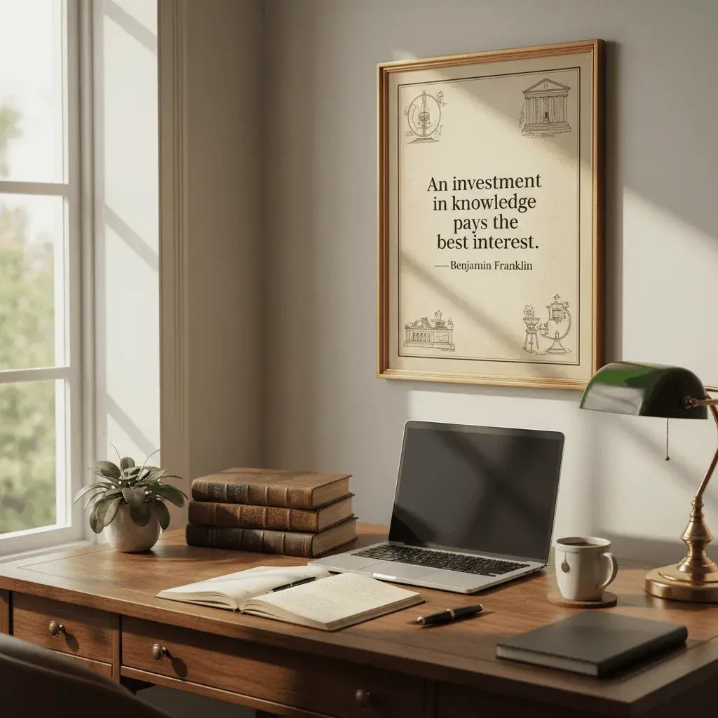 An AI-generated image of a desk with a framed poster showing a quote from Benjamin Franklin