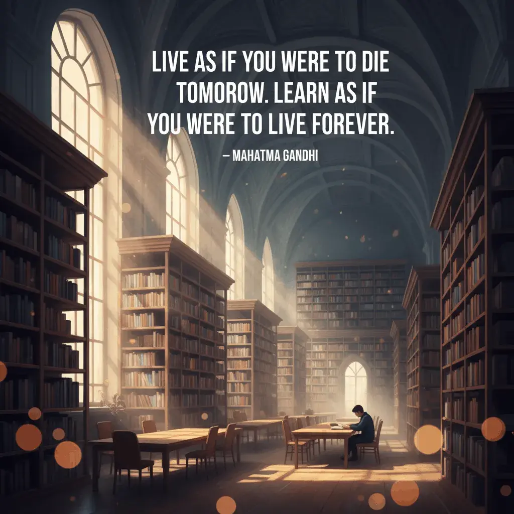 An AI-generated image of a person studying in a library with a quote from Mahatma Gandhi