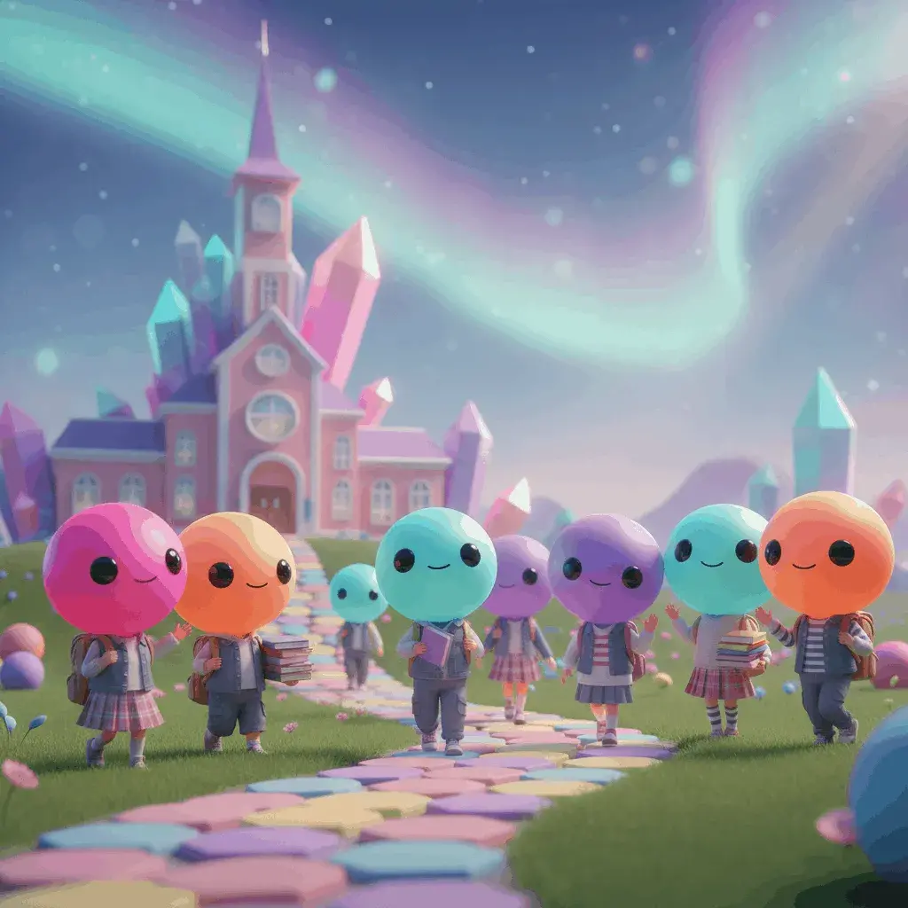 An AI-generated image of cartoon creatures going to a crystal school