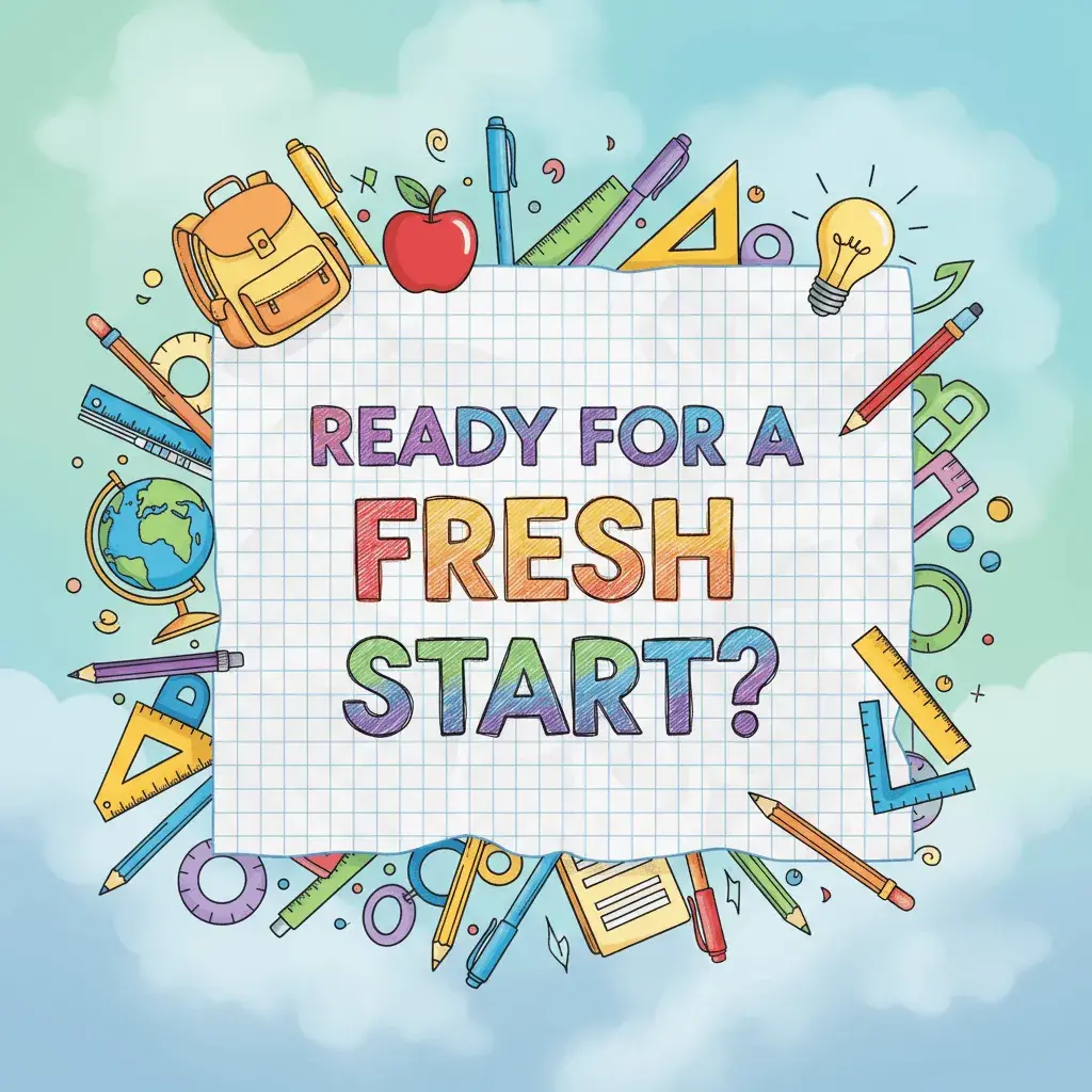 An AI-generated image of the text Ready for a fresh start? written on notebook paper, surrounded by school-themed doodles