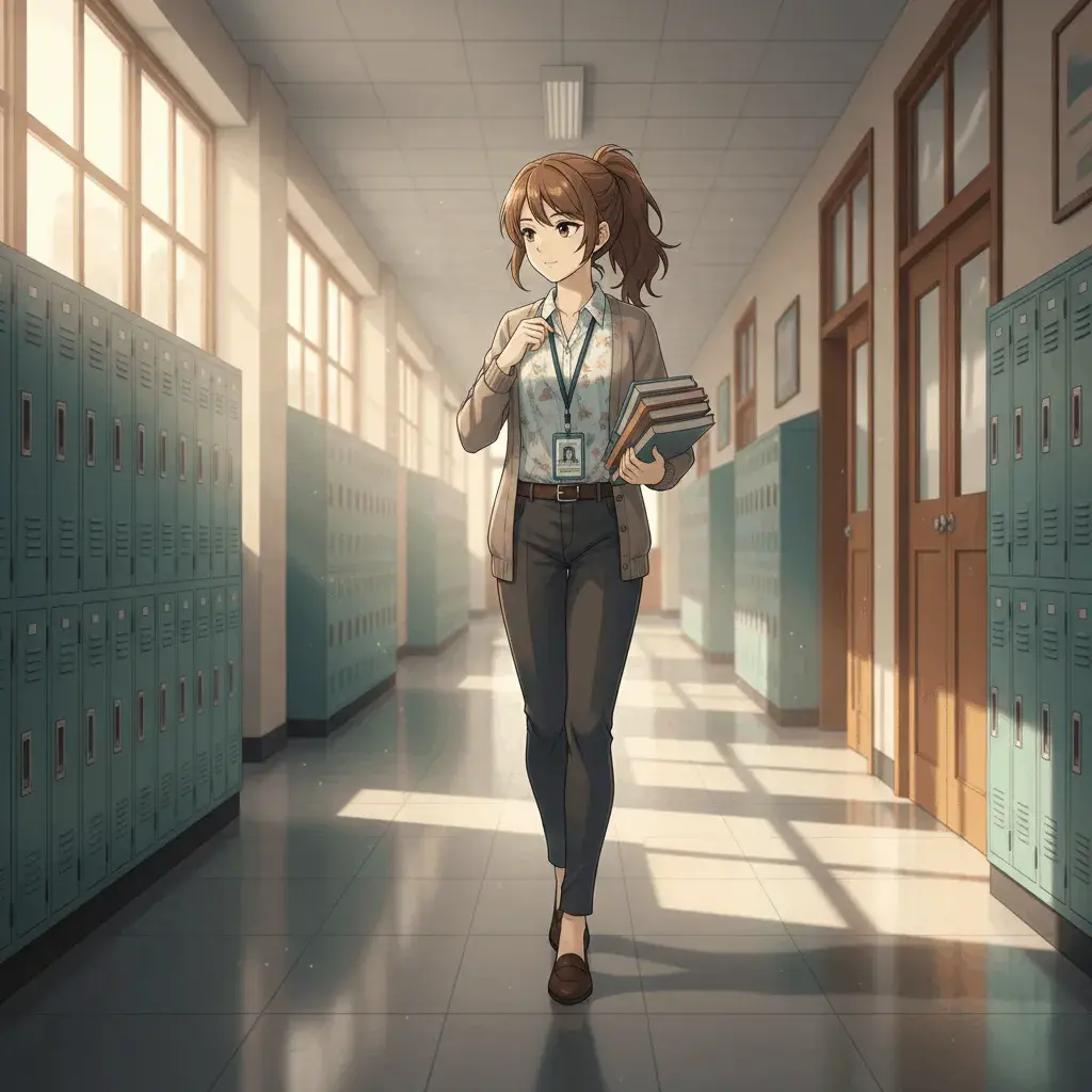 An AI-generated image of an anime-style teacher walking through empty school halls