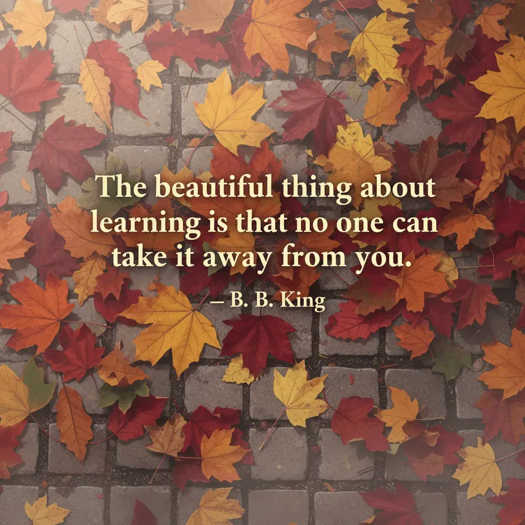 An AI-generated image of autumn leaves on the ground with a quote from B.B. King