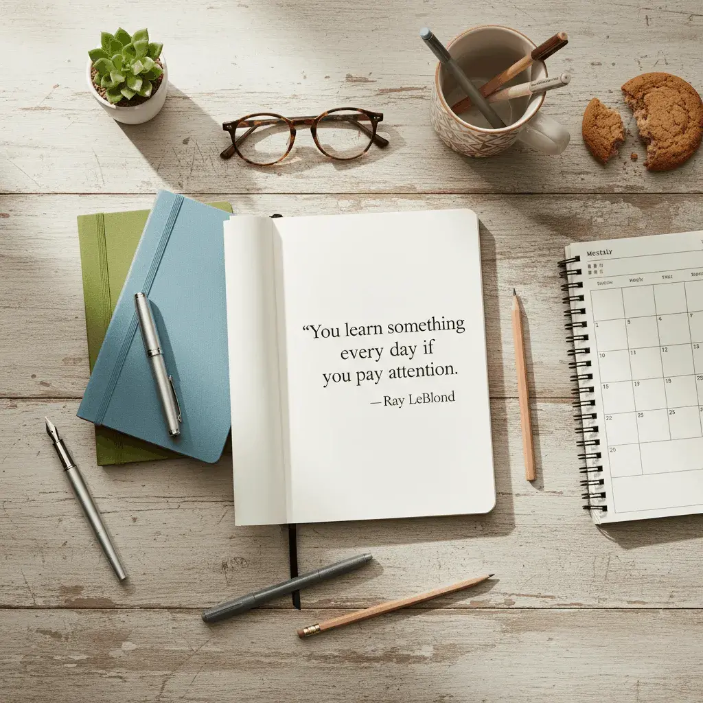 An AI-generated image of a desk flatlay with a quote from Ray LeBlond written on a notebook