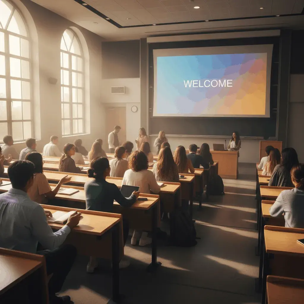 An AI-generated image of students in a lecture hall with a slideshow saying Welcome on the screen