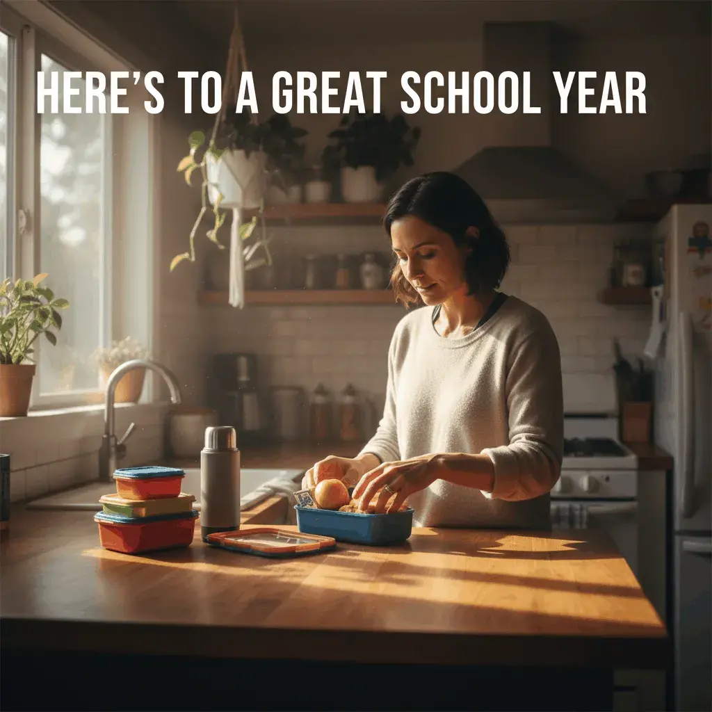 An AI-generated image of a mom preparing school lunches with the text Here's to a great school year