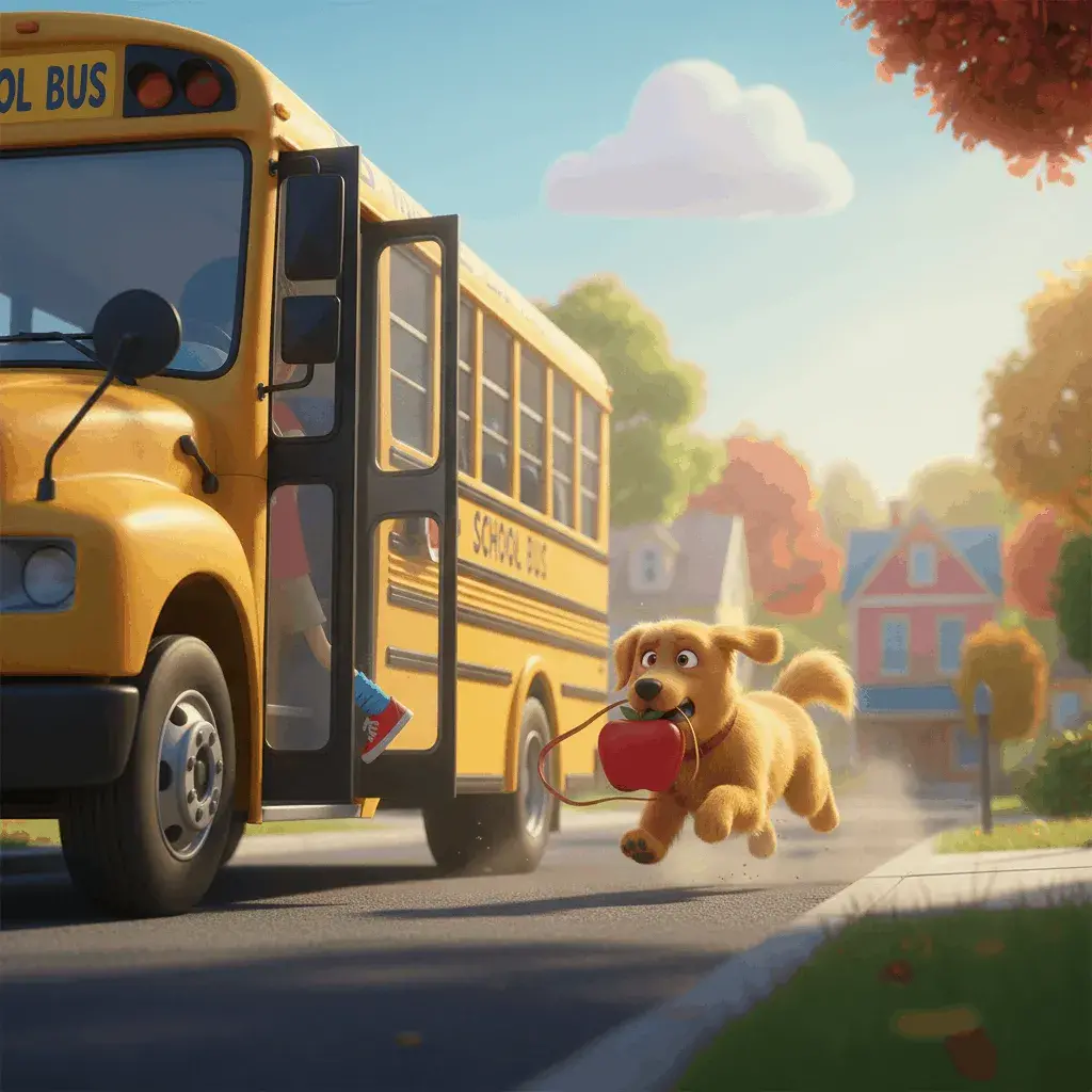 An AI-generated image of a cartoon dog carrying a lunchbox, racing behind a school bus to give it to the child who forgot it