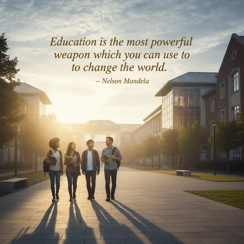 An AI-generated image of four students walking on campus with a quote from Nelson Mandela