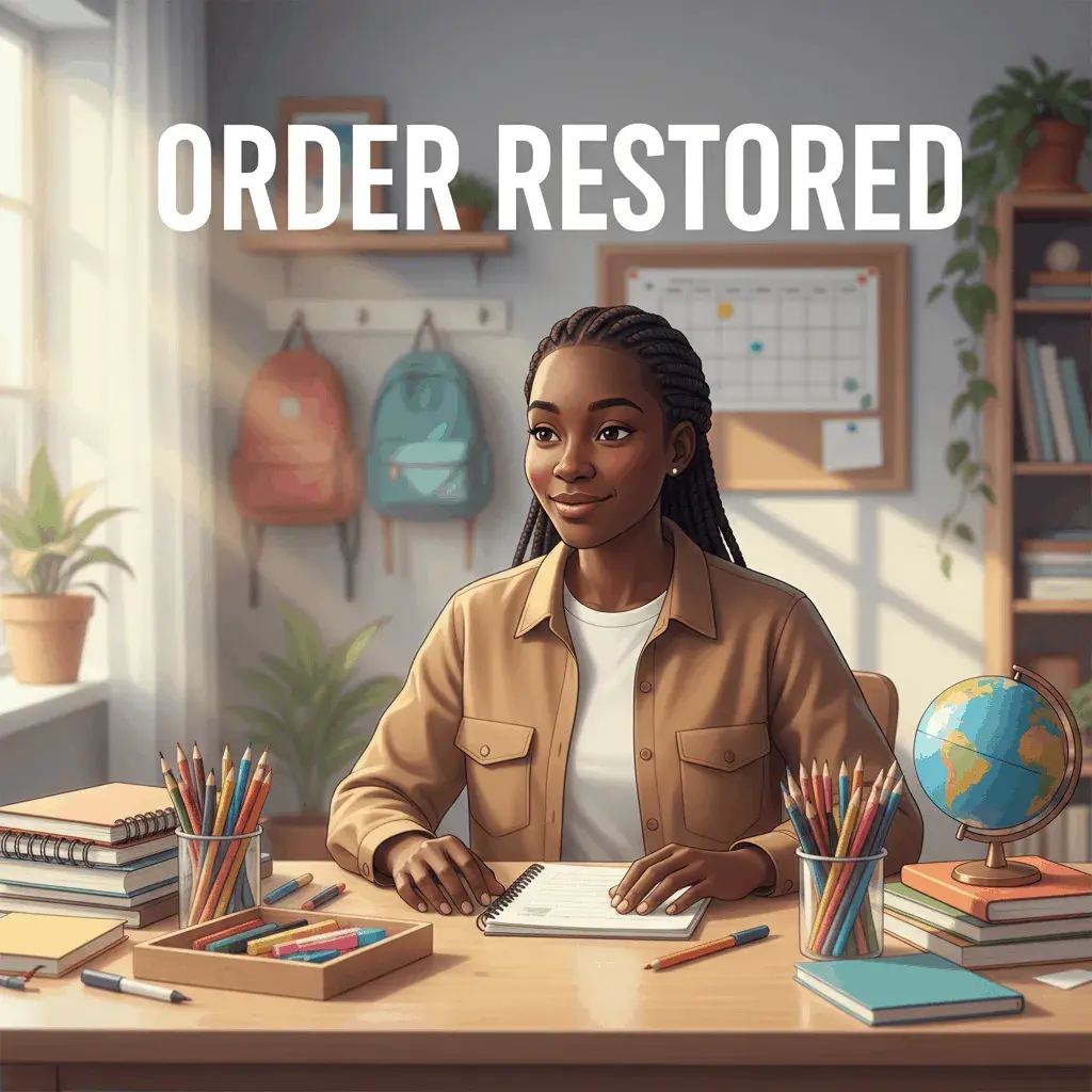 An AI-generated image of a mom sitting at a desk, with supplies organized and the text Order Restored