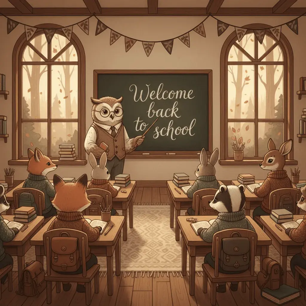 An AI-generated image of a folksy classroom with animal students and an owl teacher, with Welcome back to school written on the chalkboard