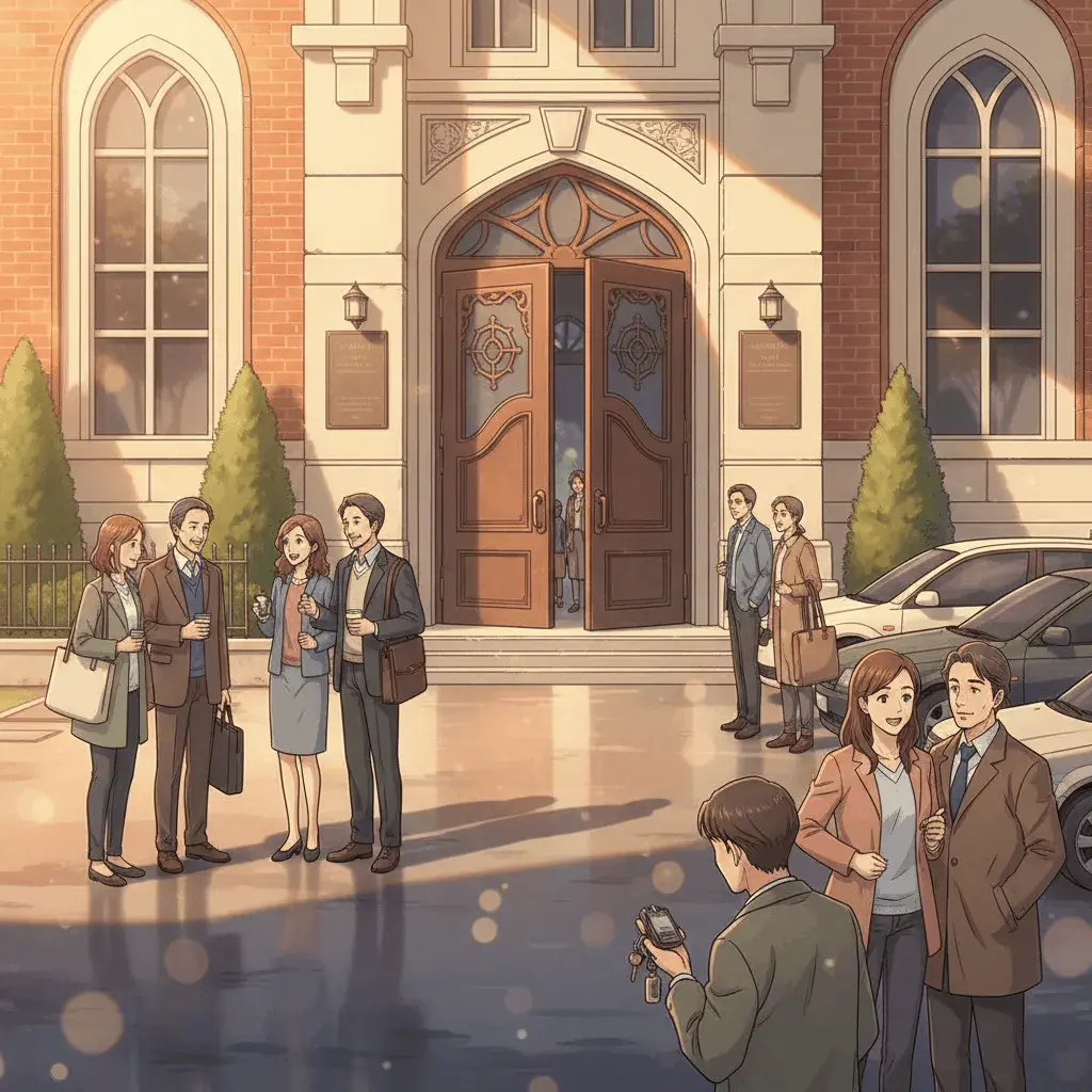 An AI-generated image of parents lingering outside a school after having dropped off their children
