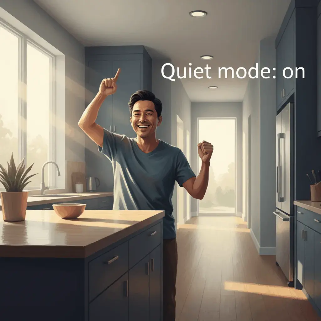 An AI-generated image of a dad cheering in an empty house, with the text Quiet mode: on