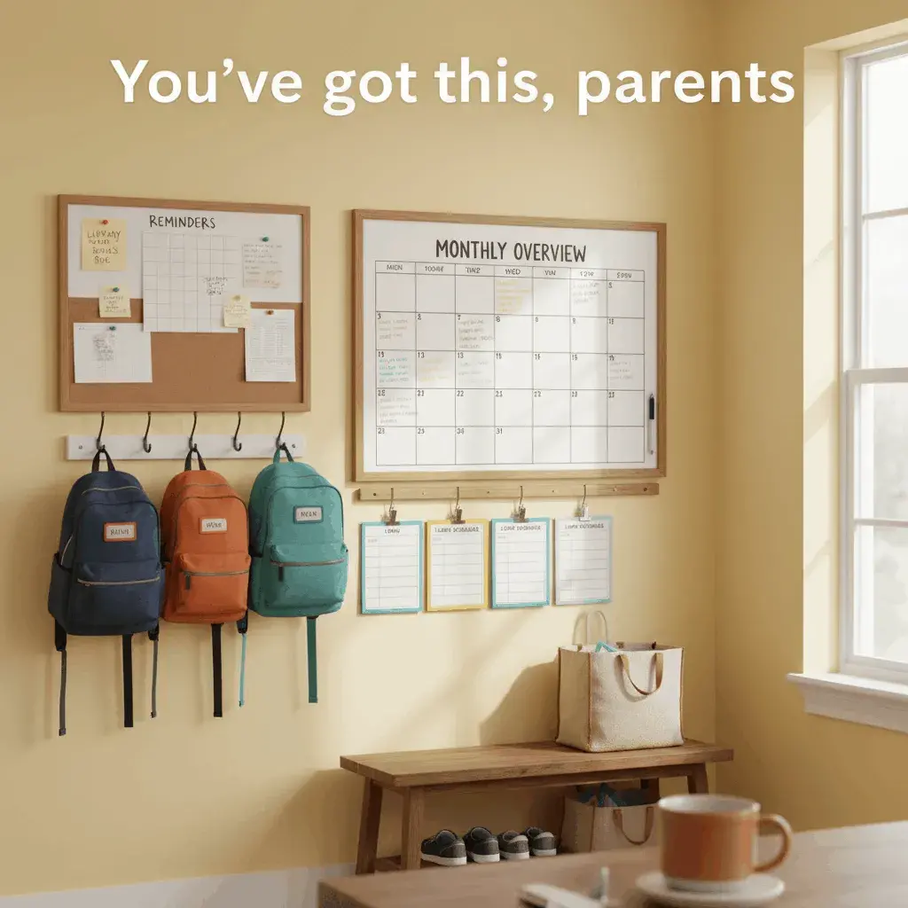 An AI-generated image of a neat and tidy family command center with organized backpacks and a bulletin board, with the text You've got this, parents