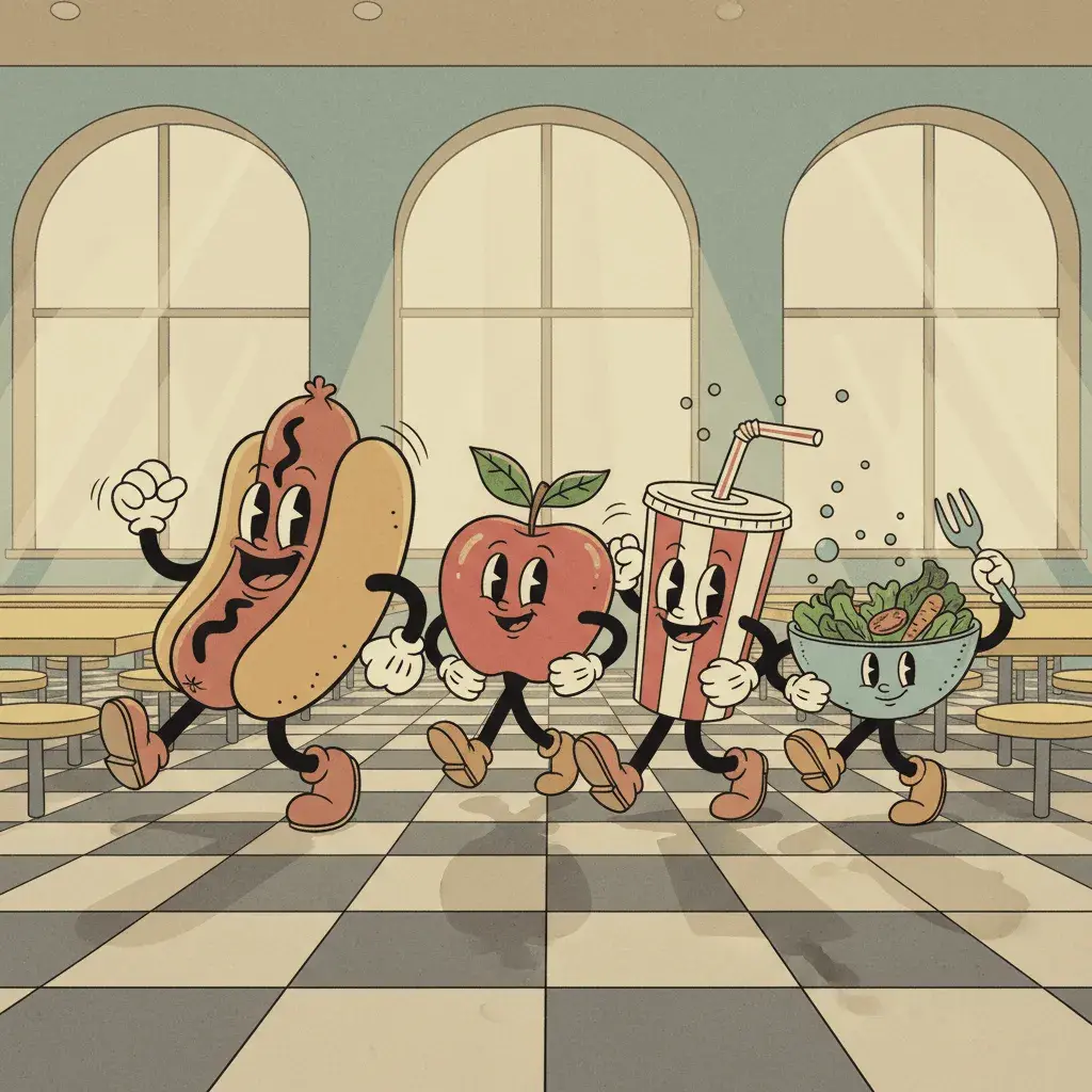 An AI-generated image of rubber hose-style school lunch items marching through a cafeteria