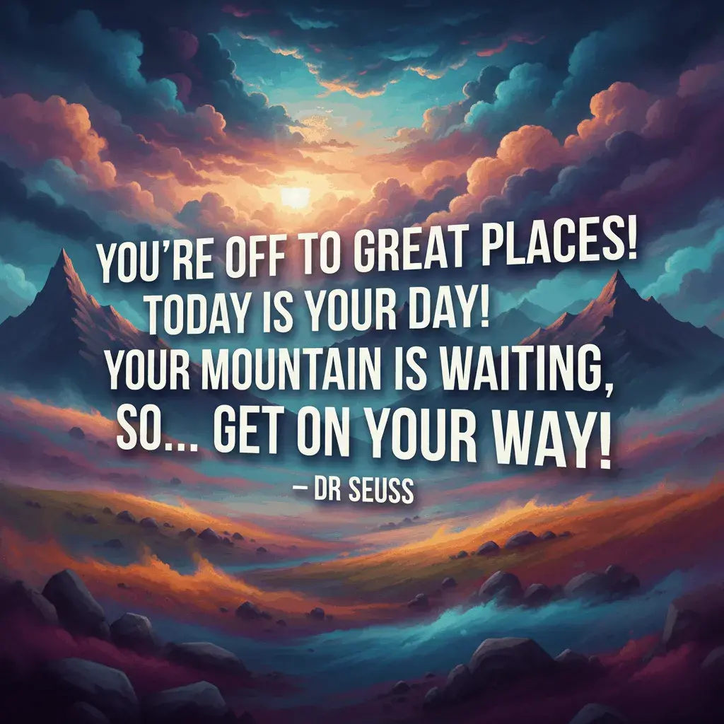 An AI-generated image of a dramatic sunset over mountains with a quote from Dr. Seuss