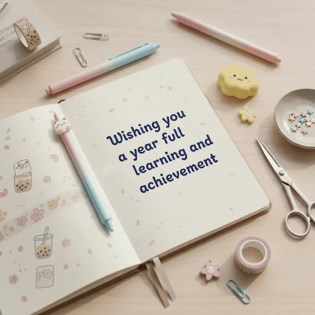 An AI-generated image of a notebook that says Wishing you a year full of learning and achievement