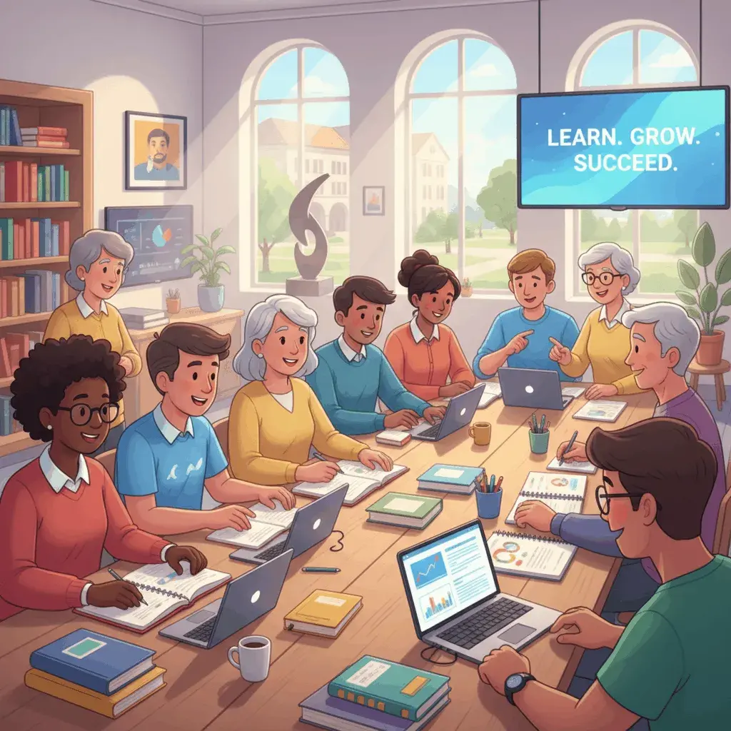 An AI-generated image of cartoon adult students in a classroom with a monitor that says Learn. Grow. Succeed.