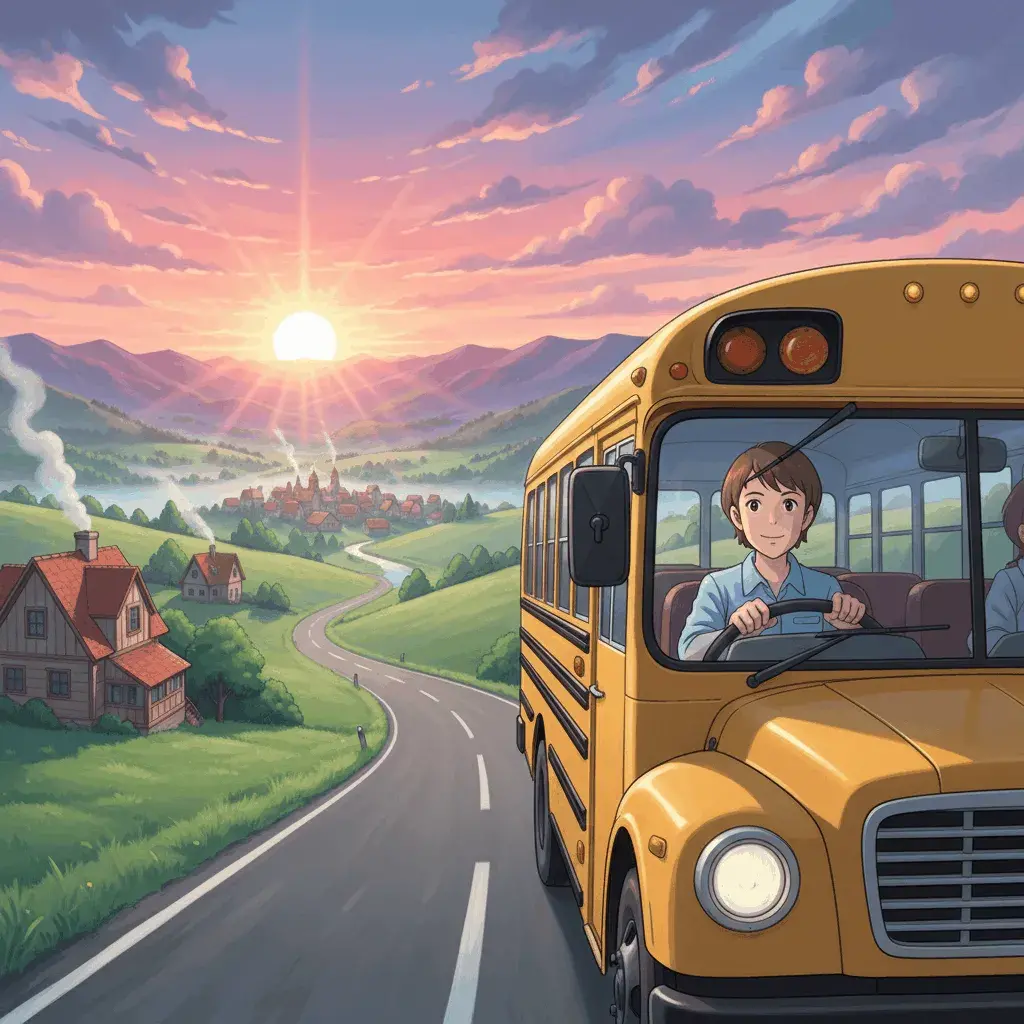 An AI-generated image of an anime-style school bus driving through the countryside at dawn
