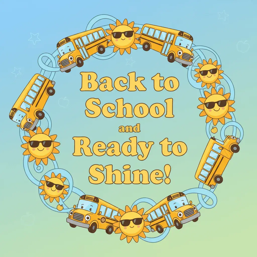 An AI-generated image of the text Back to School and Ready to Shine surrounded by school buses and smiling suns