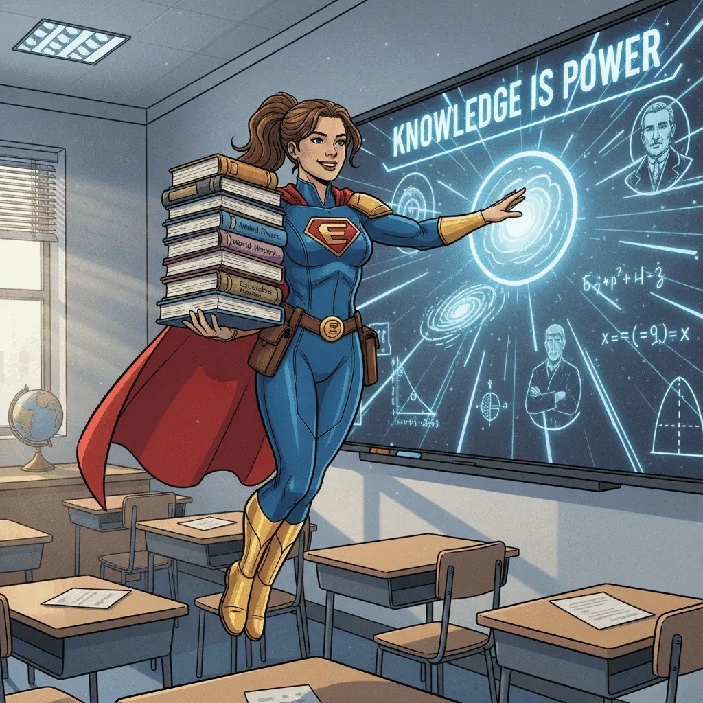 An AI-generated image of a teacher dressed as a superhero, levitating with a stack of books