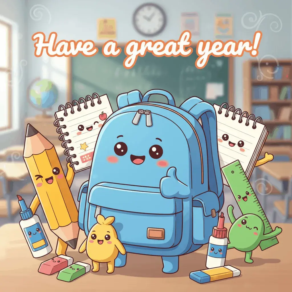 An AI-generated image of cute, smiling school supplies and the text Have a great year!