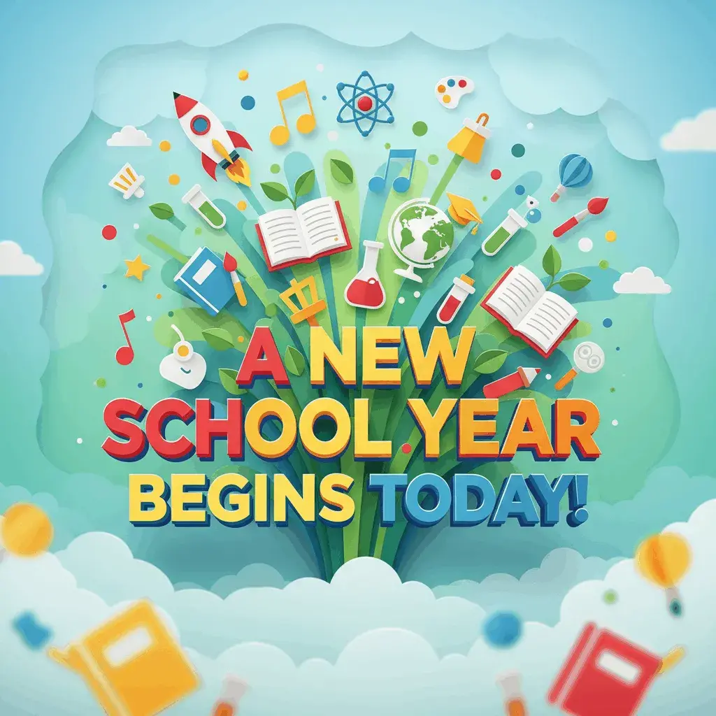 An AI-generated image of the text A new school year begins today! with a burst of school symbols