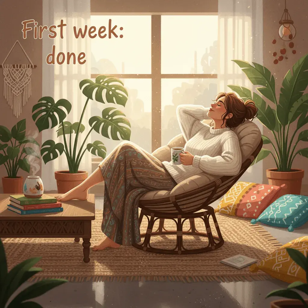 An AI-generated image of a mother reclining in a chair with a cup of tea and the text First week: done