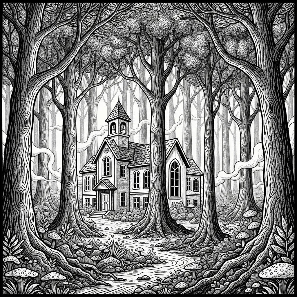 An AI-generated image of a woodblock-style cartoon of school house in a forest